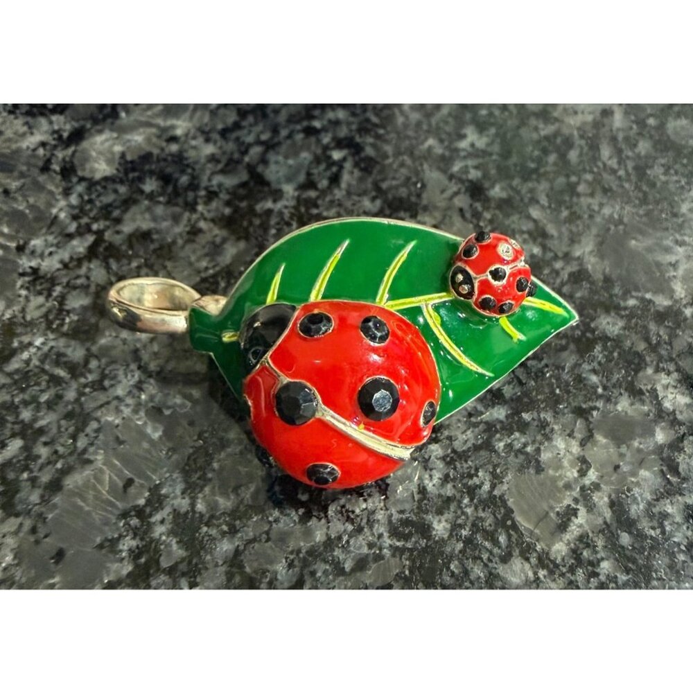 Ladybug & Leaf Enamel Pendant/Brooch  Art Nouveau Brooch, Green Leaf Brooch